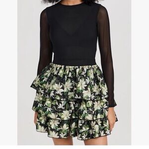 Black Mesh Bodice Floral Tiered Skirt Dress